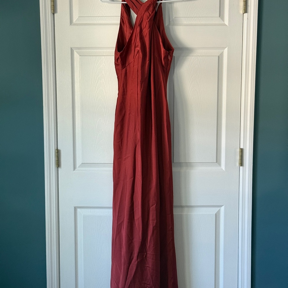 Azazie Doretta Satin Gown in Terracotta - Picture 2 of 4